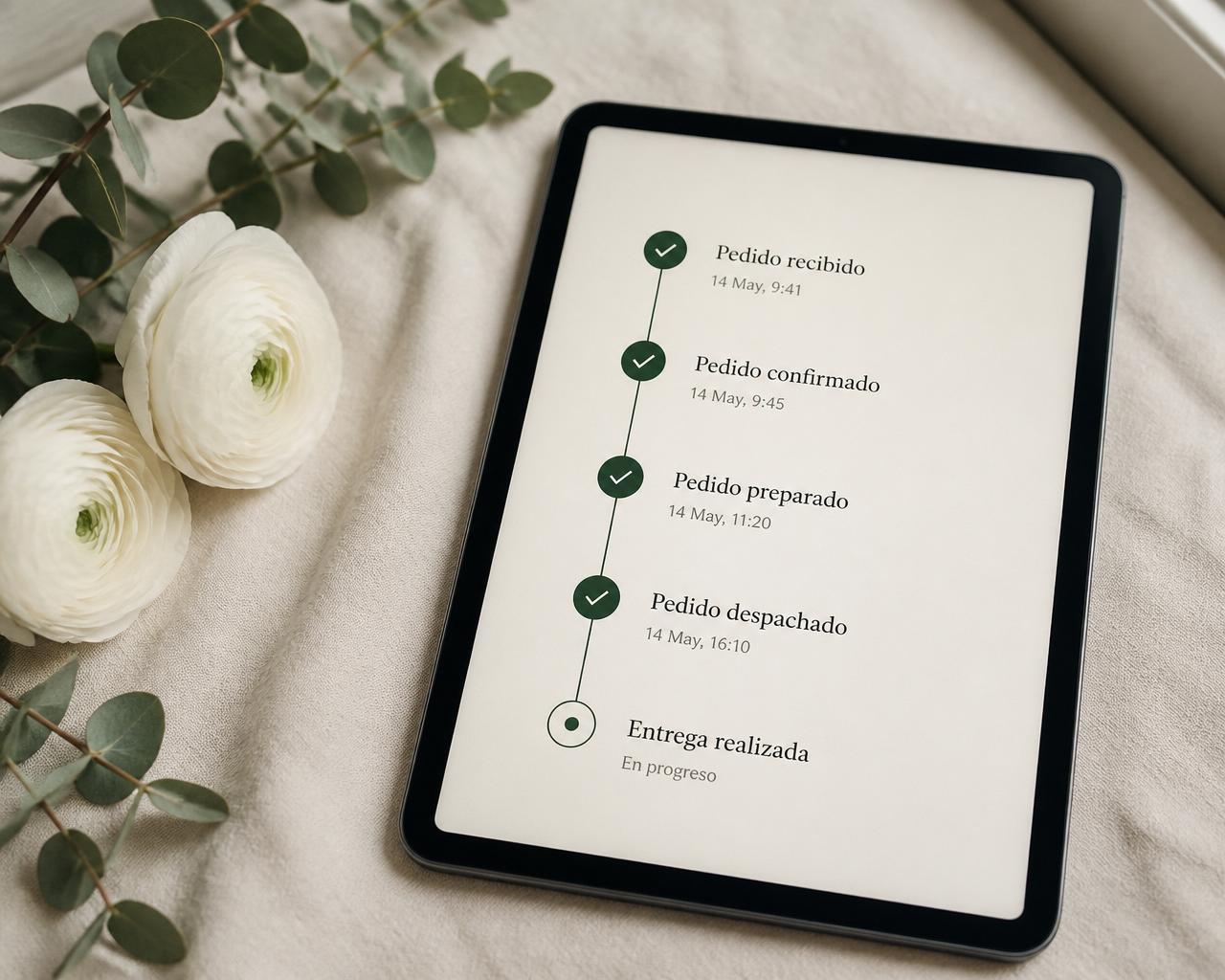 Flujo visual de un pedido floral en cinco pasos conectados: recibido, confirmado, preparado, despachado y entrega realizada.