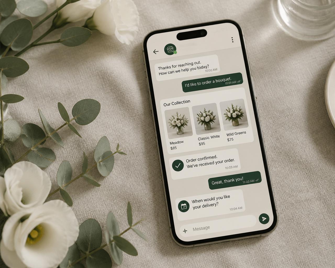 WhatsApp empresarial en un teléfono mostrando catálogo, confirmaciones y respuestas automáticas de una floristería.