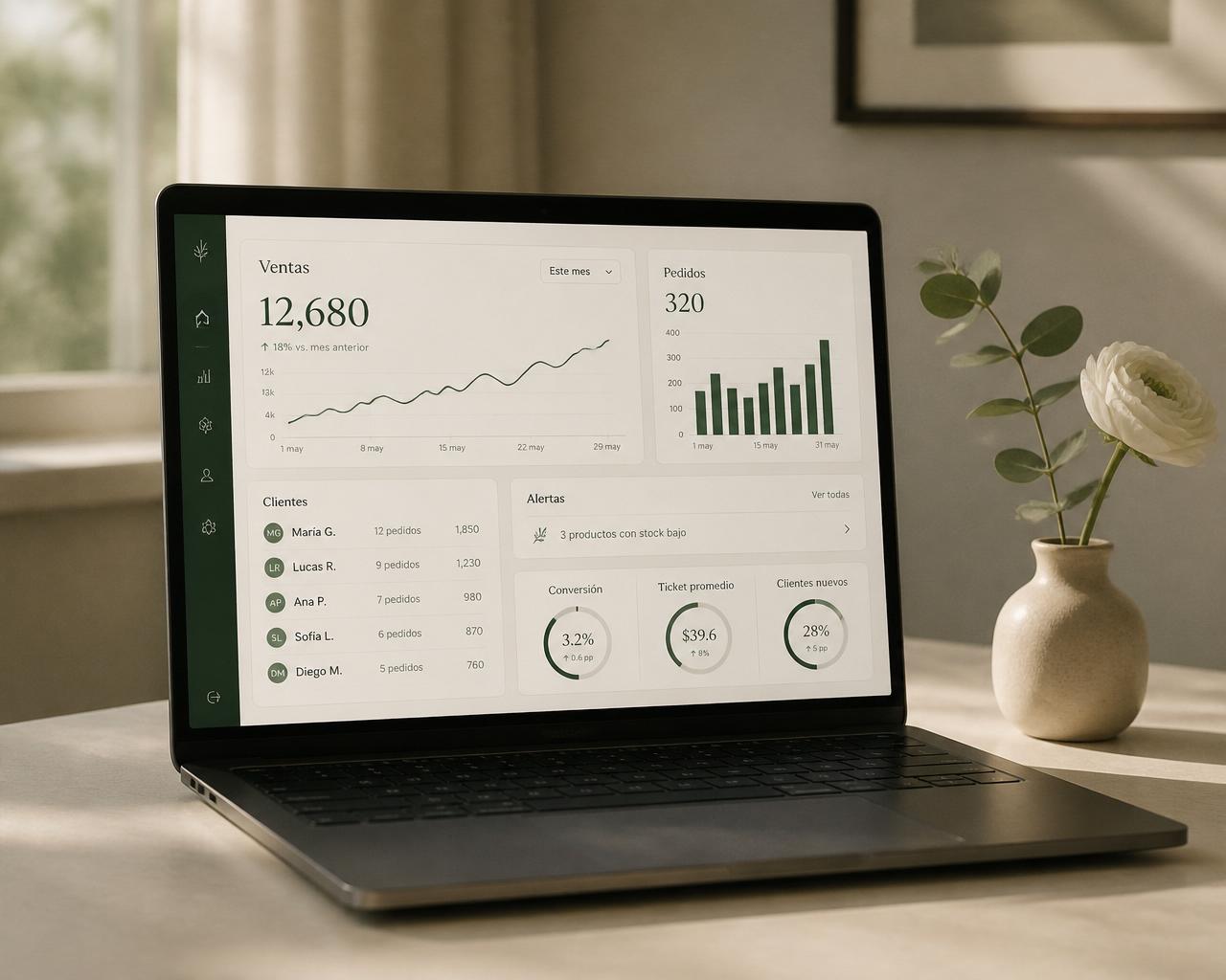 Dashboard elegante en un computador con ventas, pedidos, clientes, alertas e indicadores del negocio floral.