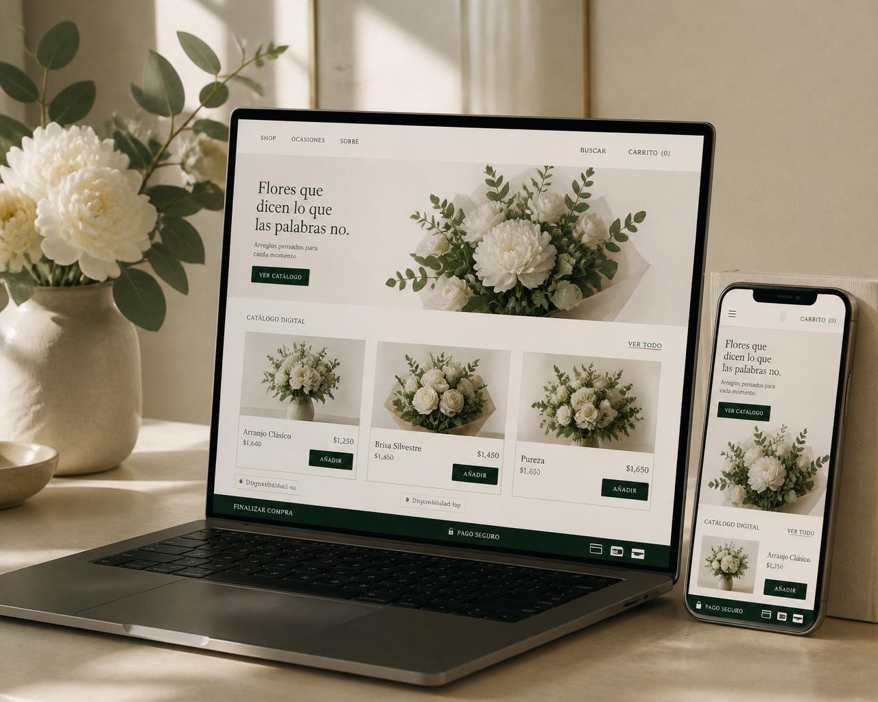 Página web y catálogo digital de una floristería mostrando pedidos online, pagos y disponibilidad sincronizados.
