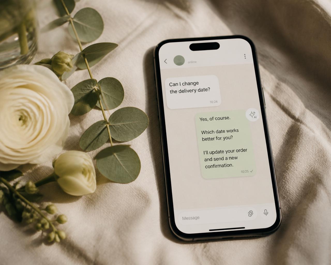 Conversación en un teléfono donde la Inteligencia Artificial responde automáticamente a un cliente sobre un pedido floral.