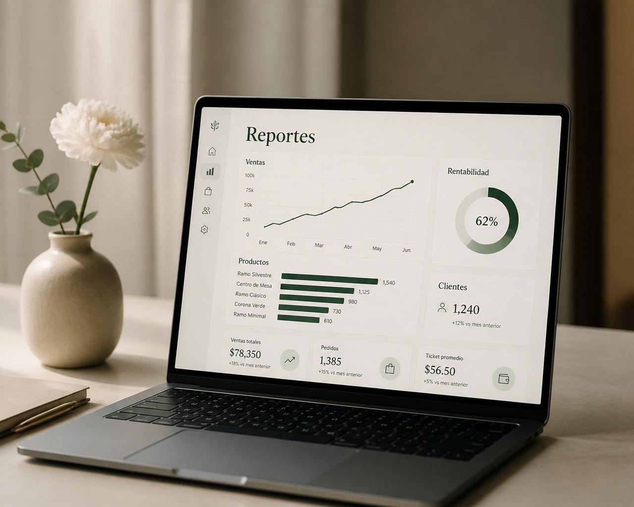 Panel de reportes con gráficos modernos de ventas, rentabilidad, productos, clientes e indicadores.