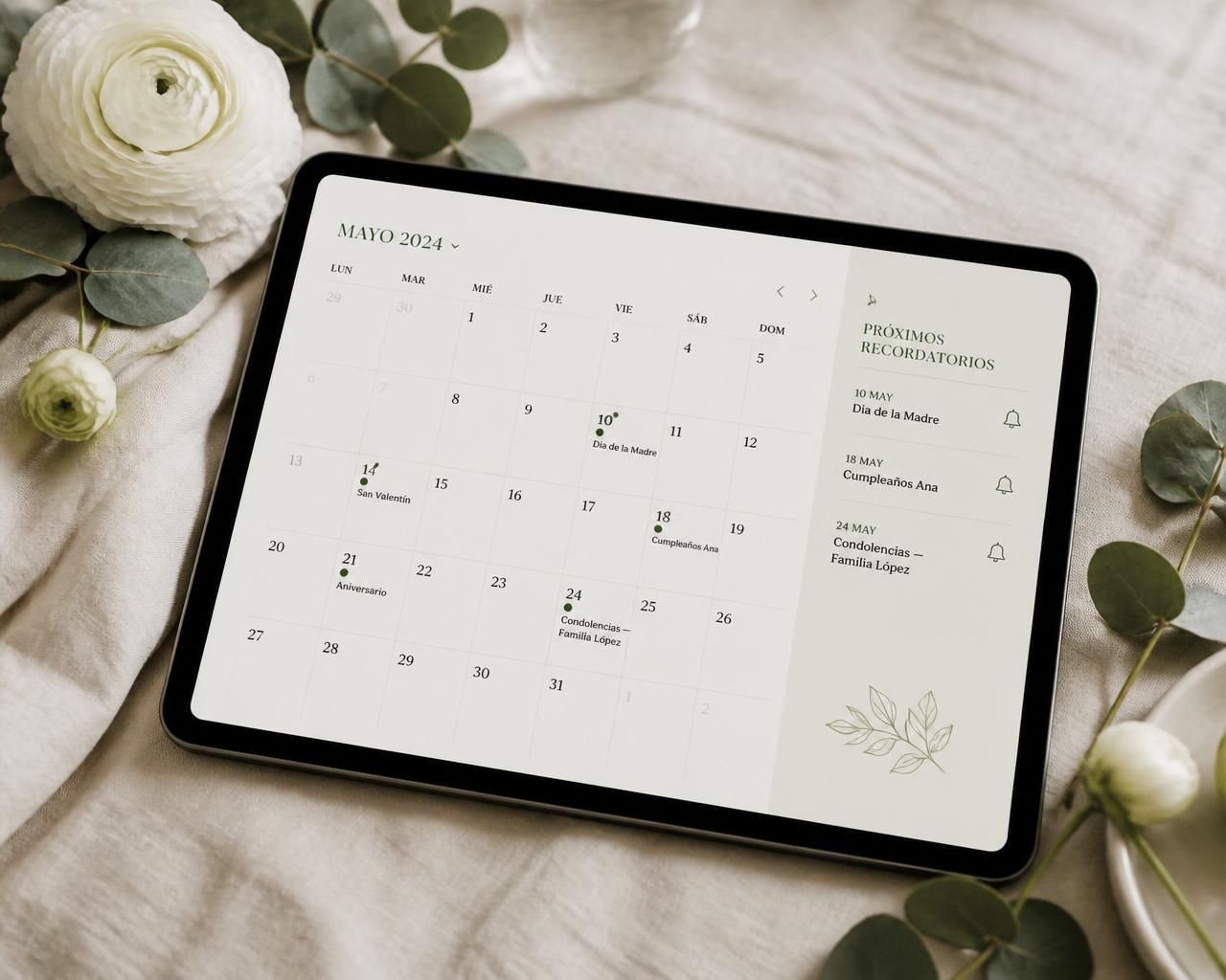 Calendario elegante con fechas clave del sector floral y recordatorios automáticos.